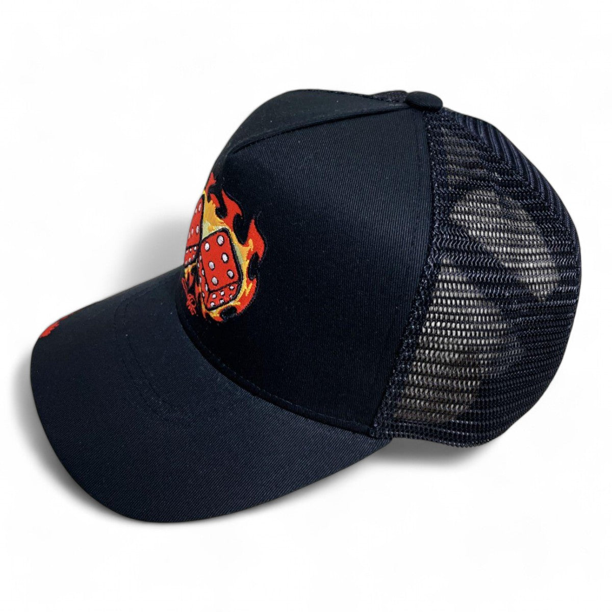 Premium Milano Mens Dice 5-Panel Trucker Hat MDICE103 Black/Red/Gold