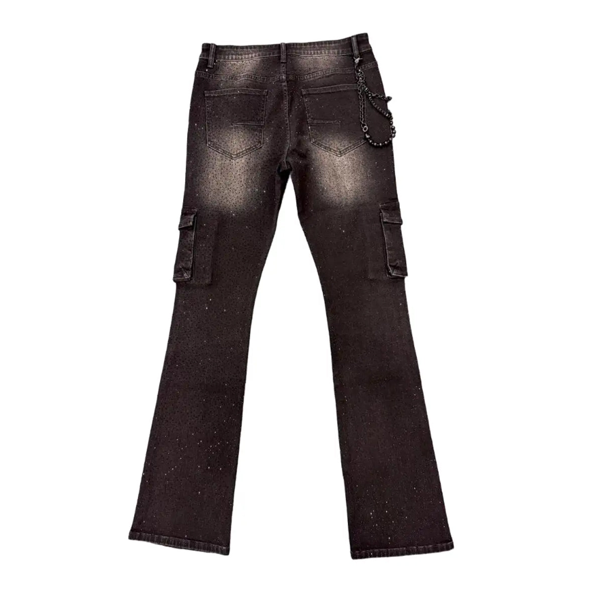Premium Milano Mens Cargo Pocket Rhinestone Stacked Cargo Jeans PM002F25-100 Black Wash
