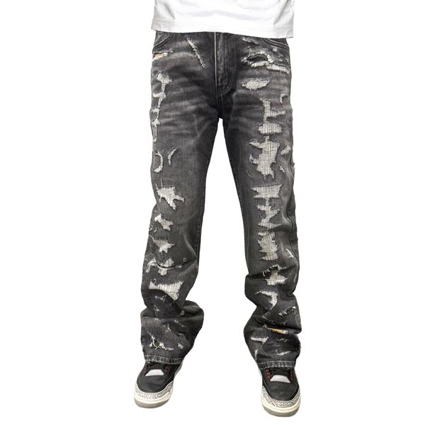 Premium Milano Mens Rugged Distressed Loose Fit Jeans PM202F25-100 Black