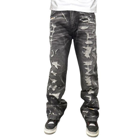 Premium Milano Mens Rugged Distressed Loose Fit Jeans PM202F25-100 Black