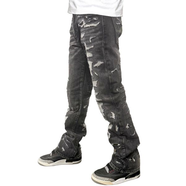 Premium Milano Mens Rugged Distressed Loose Fit Jeans PM202F25-100 Black