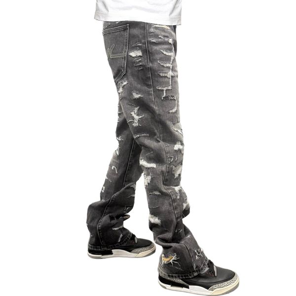 Premium Milano Mens Rugged Distressed Loose Fit Jeans PM202F25-100 Black
