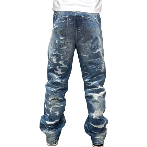 Premium Milano Mens Rugged Distressed Loose Fit Jeans PM204F25-119 Medium Blue