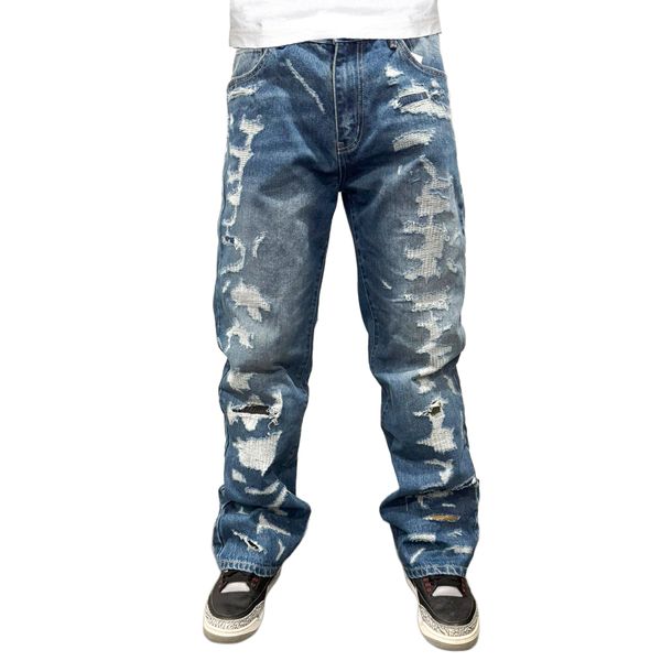 Premium Milano Mens Rugged Distressed Loose Fit Jeans PM204F25-119 Medium Blue