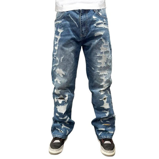 Premium Milano Mens Rugged Distressed Loose Fit Jeans PM204F25-119 Medium Blue