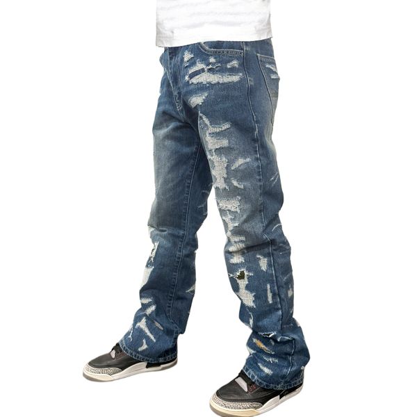 Premium Milano Mens Rugged Distressed Loose Fit Jeans PM204F25-119 Medium Blue