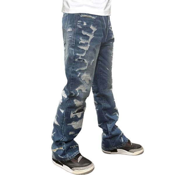 Premium Milano Mens Rugged Distressed Loose Fit Jeans PM204F25-119 Medium Blue
