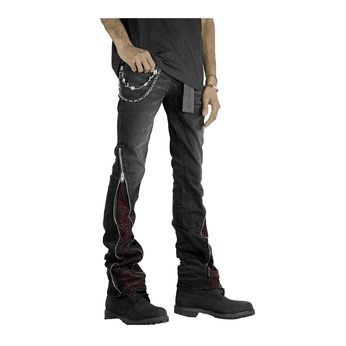 Premium Milano Mens Zip Red Stone Stacked Flare Jeans PM003F25-100 Black Wash
