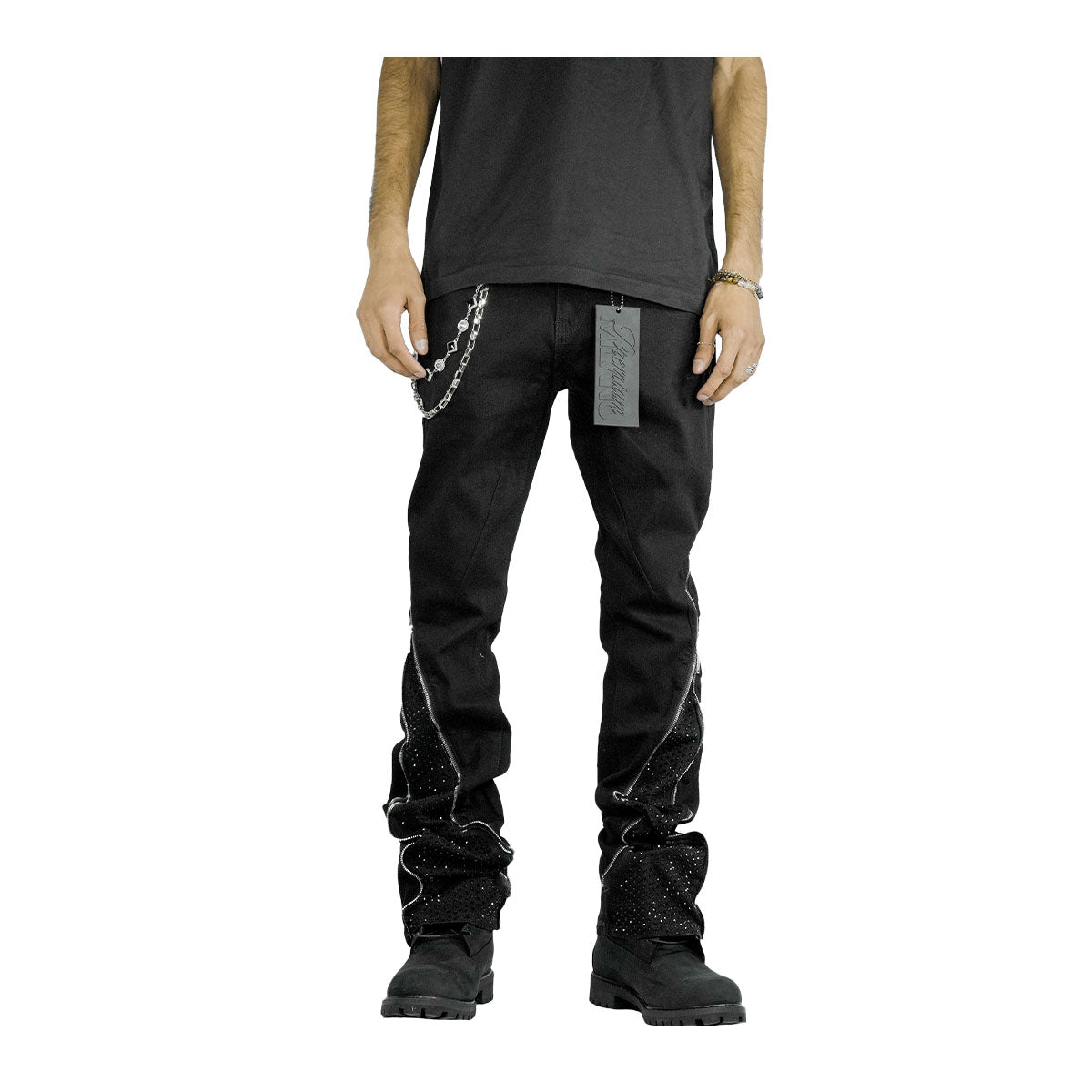 Premium Milano Mens Zip White Stone Stacked Flare Jeans PM003F25-700 Dirty Wash