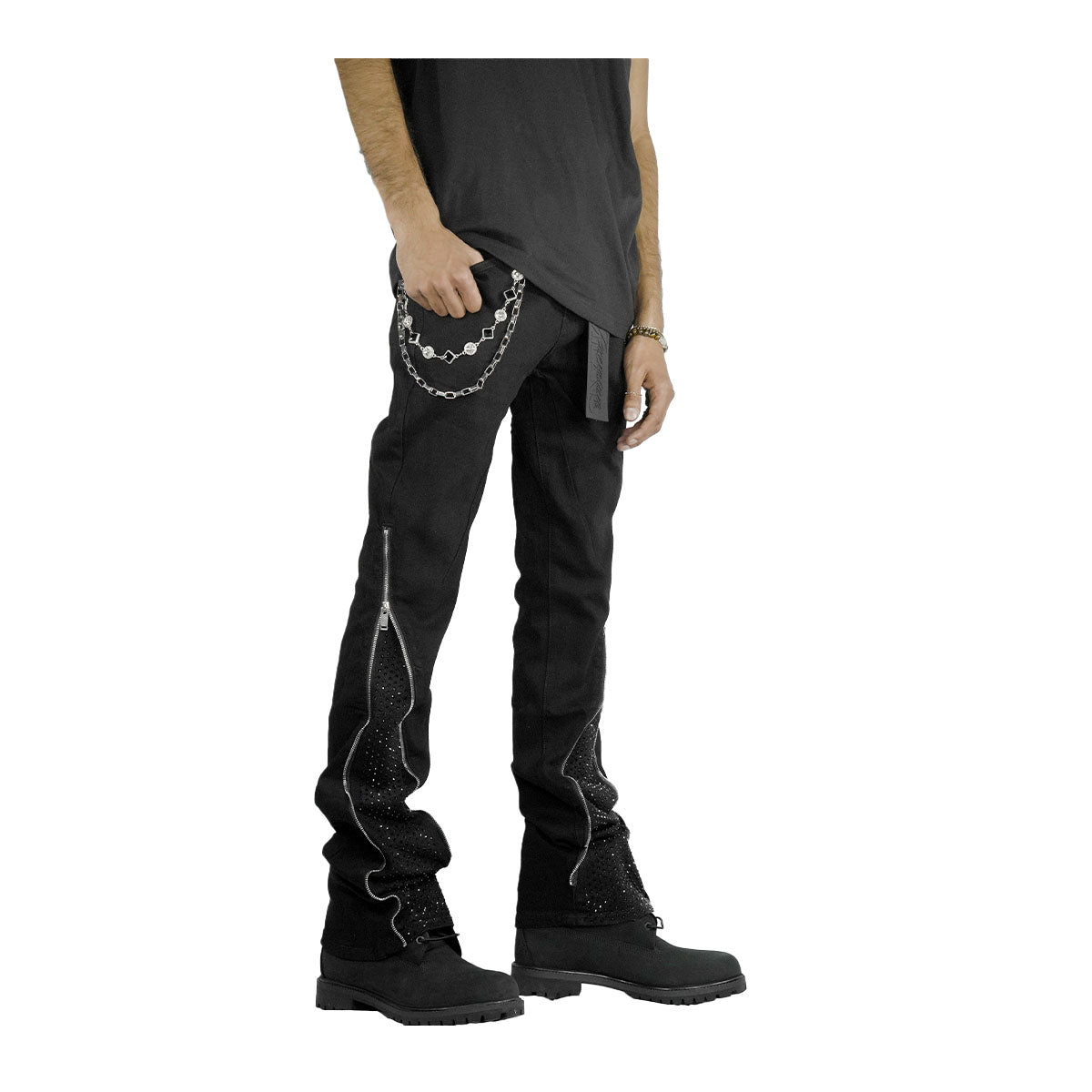 Premium Milano Mens Zip White Stone Stacked Flare Jeans PM003F25-700 Dirty Wash