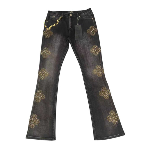 Premium Milano Mens Crystal Clover Stacked Jeans PMJ30F25-100 Black Washed