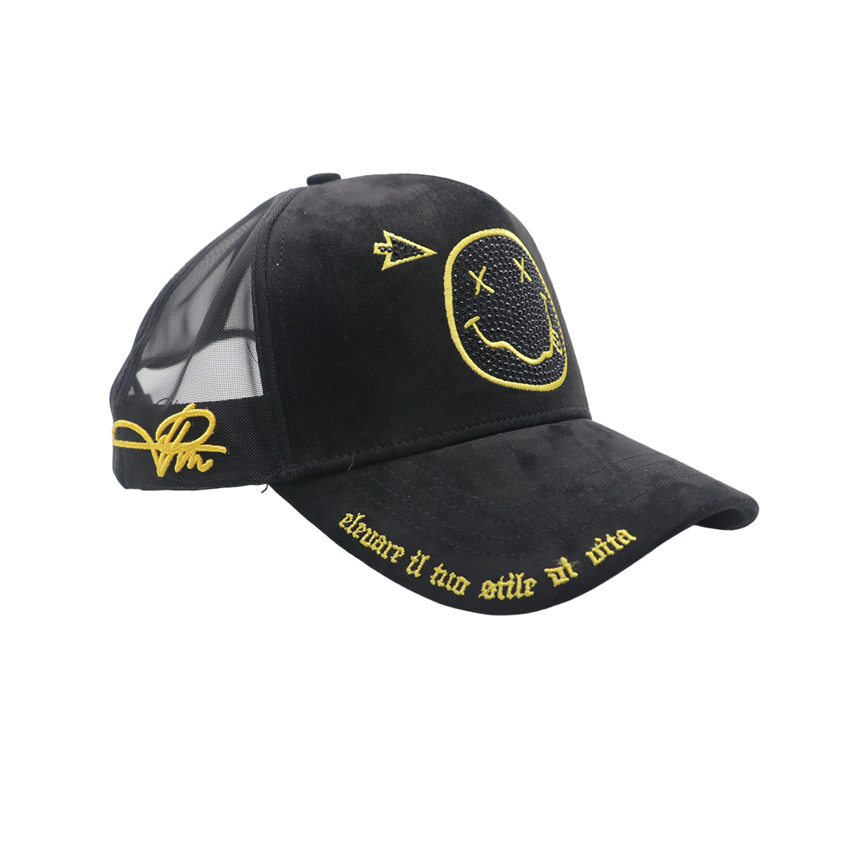 Premium Milano Unisex Happy Face Trucker Hat 2620 Black/Gold