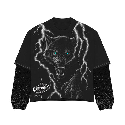 Expedition Mens Wolf Rhinestone Layer Long Sleeve Shirt EXLT103F25 Black Washed