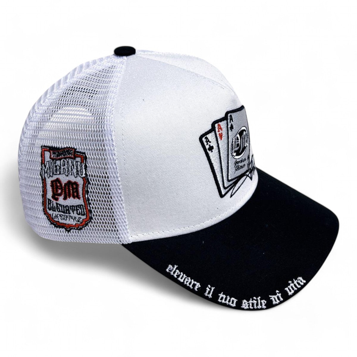 Premium Milano Mens Aces 5-Panel Trucker Hat MACE102 White/Black/Red