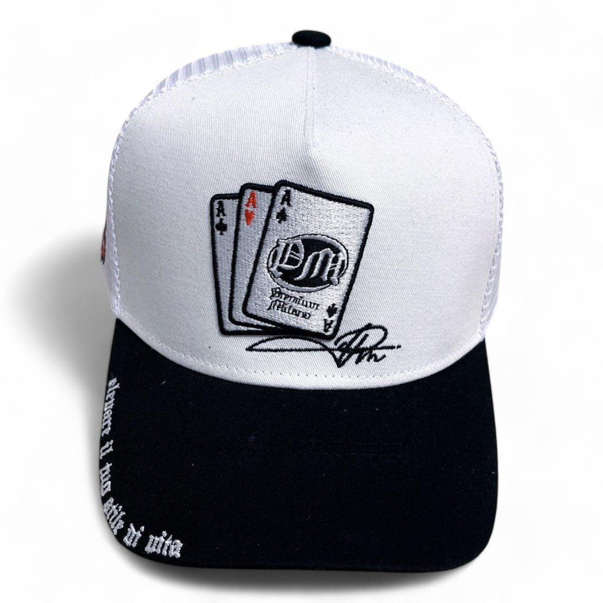 Premium Milano Mens Aces 5-Panel Trucker Hat MACE102 White/Black/Red