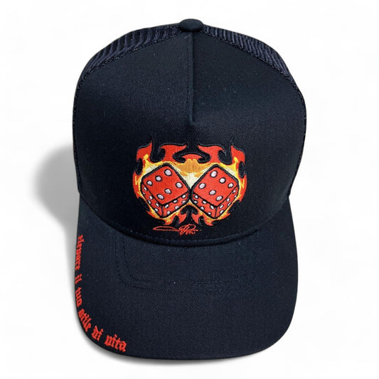 Premium Milano Mens Dice 5-Panel Trucker Hat MDICE103 Black/Red/Gold