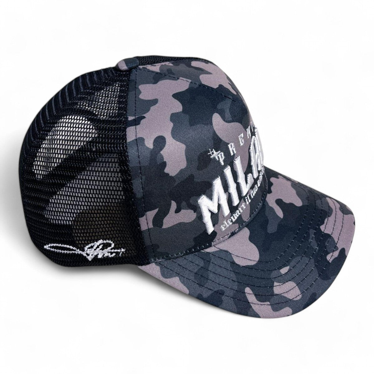 Premium Milano Mens M Camo 5-Panel Trucker Hat MPM105 Black/White/Gray
