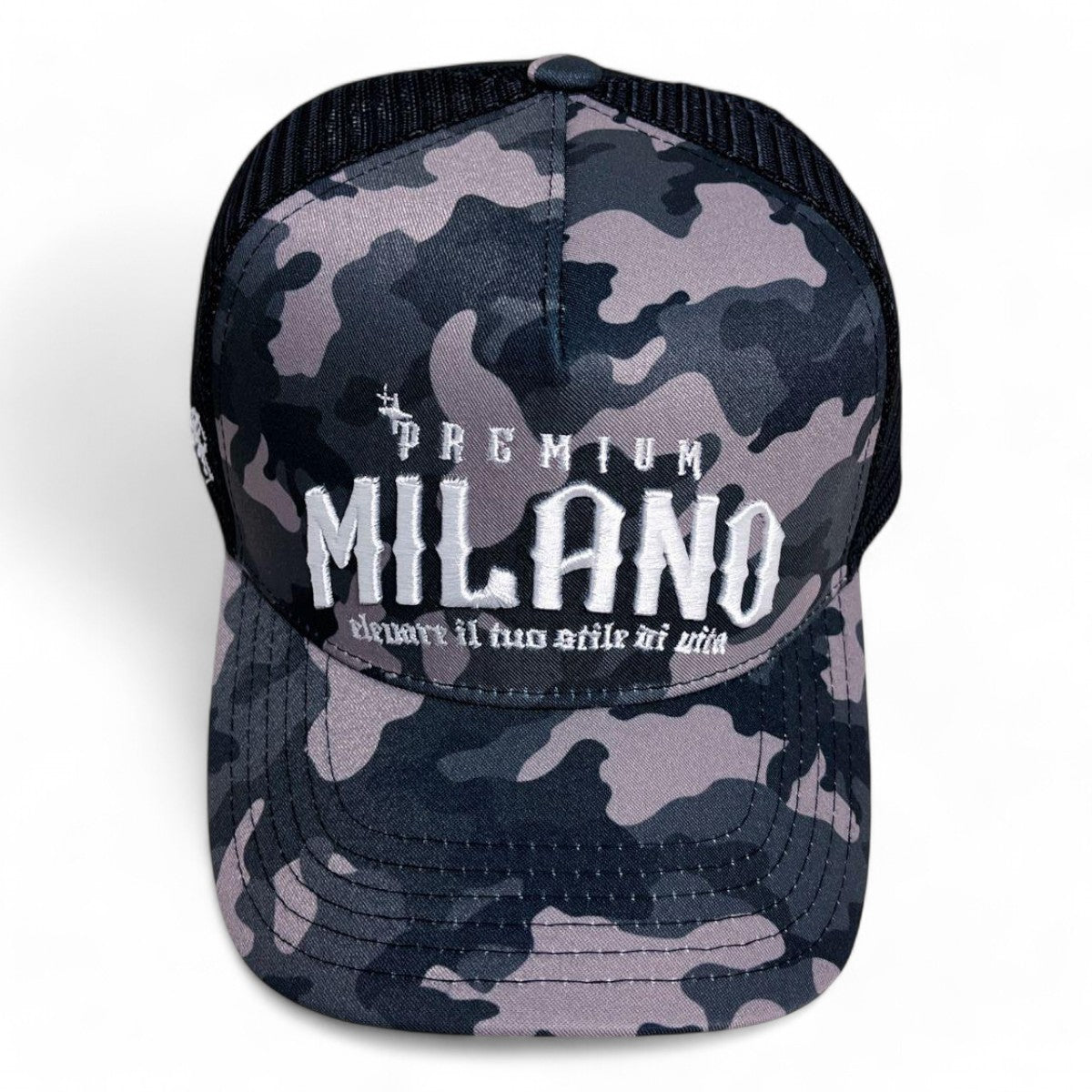 Premium Milano Mens M Camo 5-Panel Trucker Hat MPM105 Black/White/Gray