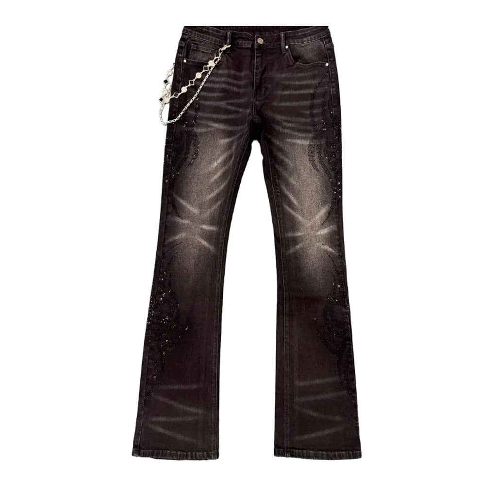 Premium Milano Mens Tribo Black Rhinestone Stacked Flare Jeans PM001F25-100 Black Wash