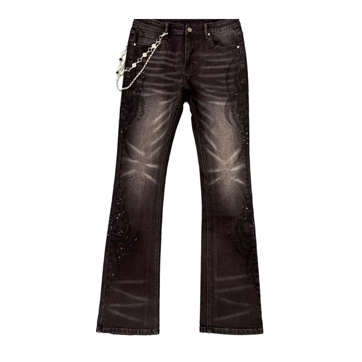 Premium Milano Mens Tribo Black Rhinestone Stacked Flare Jeans PM001F25-100 Black Wash