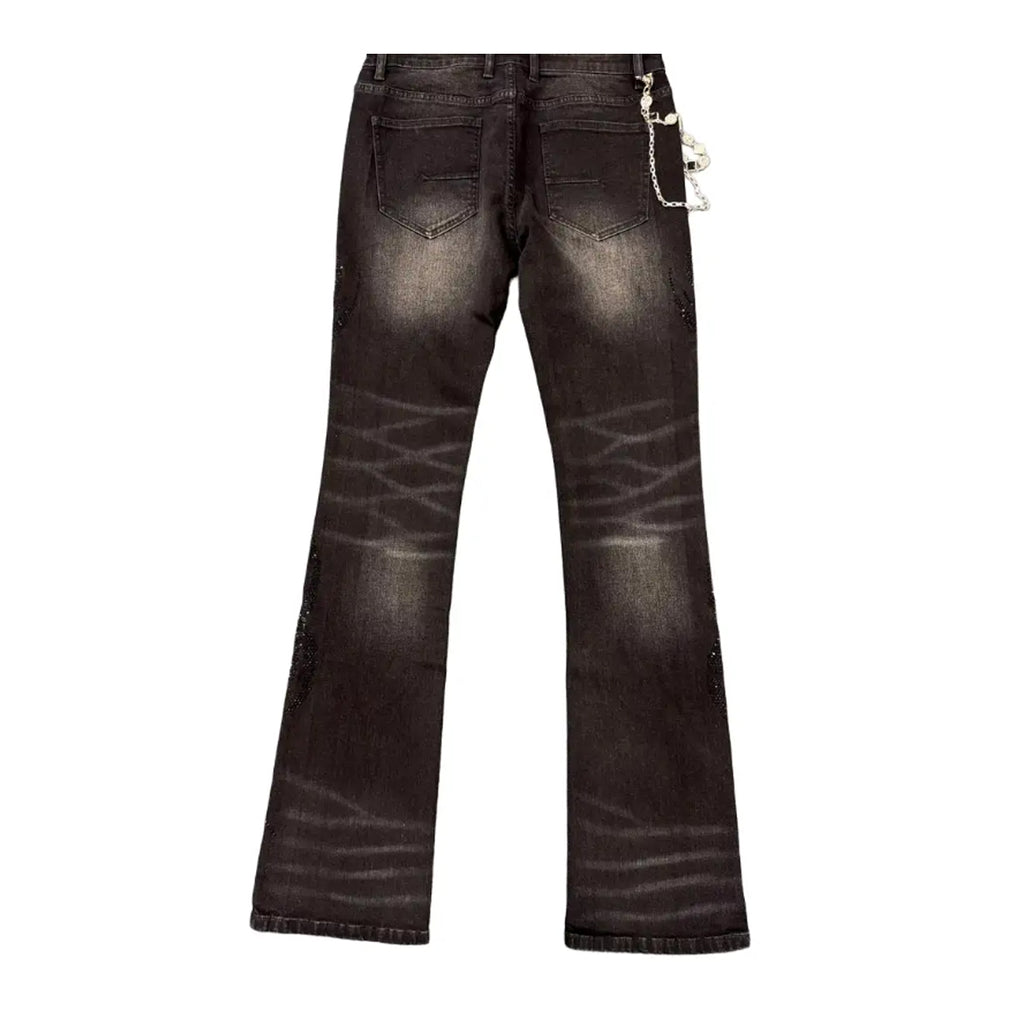 Premium Milano Mens Tribo Black Rhinestone Stacked Flare Jeans PM001F25-100 Black Wash