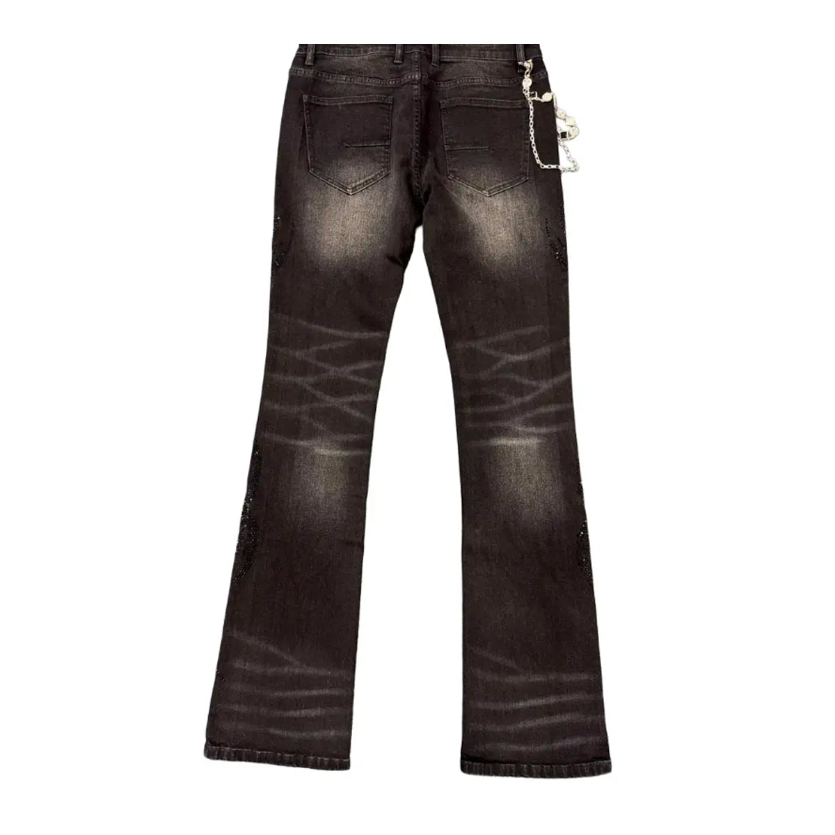 Premium Milano Mens Tribo Black Rhinestone Stacked Flare Jeans PM001F25-100 Black Wash