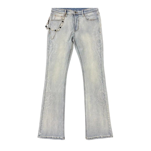 Premium Milano Mens Tribo Clear Stone Stacked Flare Jeans PM001F25-116 LT Blue Wash