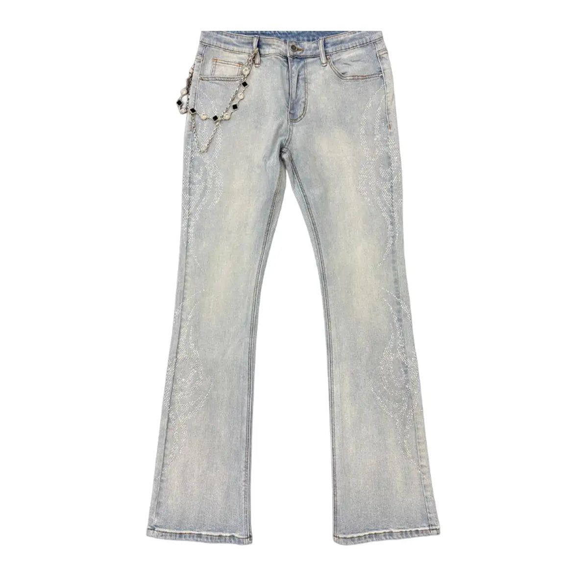 Premium Milano Mens Tribo Clear Stone Stacked Flare Jeans PM001F25-116 LT Blue Wash