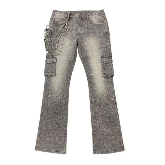Premium Milano Mens Cargo Pocket Rhinestone Stacked Cargo Jeans PM002F25-118 Gray Wash