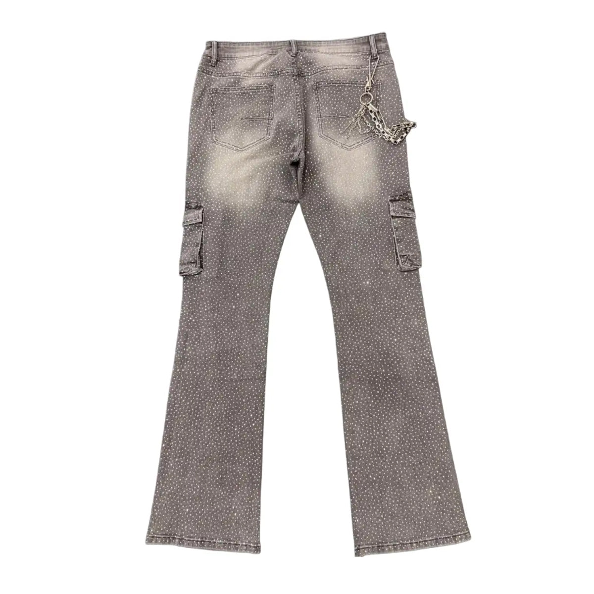 Premium Milano Mens Cargo Pocket Rhinestone Stacked Cargo Jeans PM002F25-118 Gray Wash