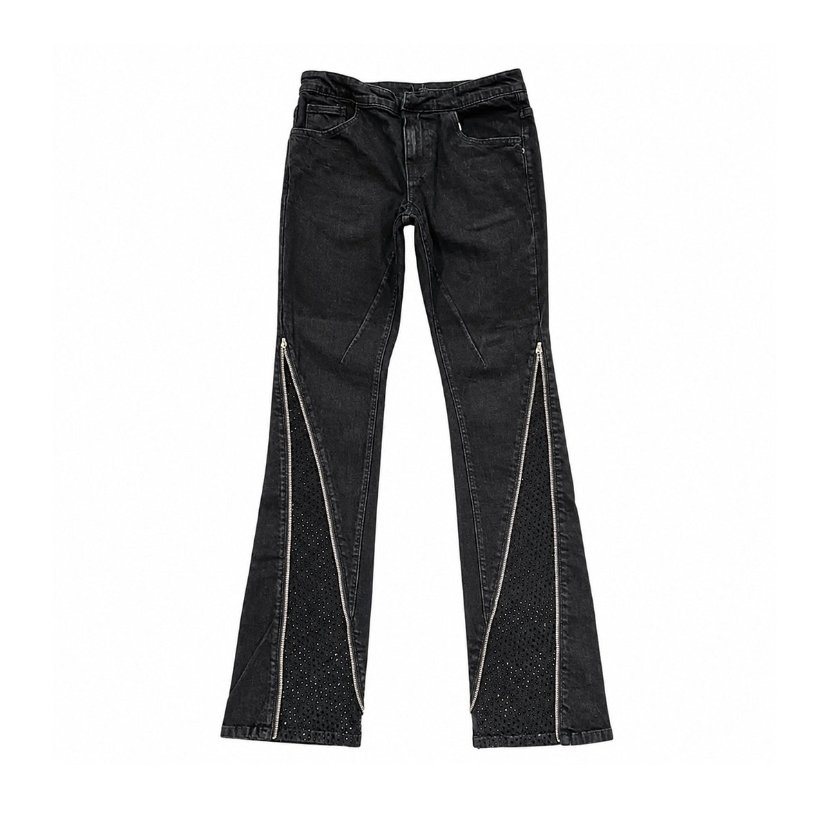 Premium Milano Mens Zip Black Stone Stacked Flare Jeans PM003F25-001 Jet Black