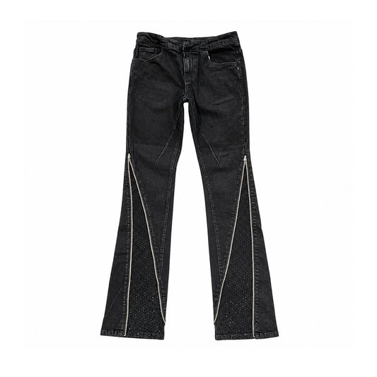 Premium Milano Mens Zip Black Stone Stacked Flare Jeans PM003F25-001 Jet Black