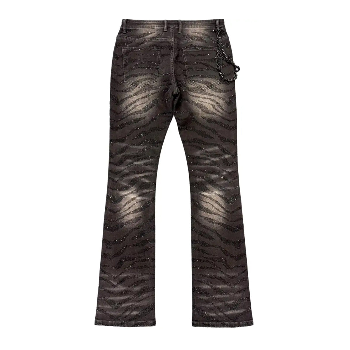 Premium Milano Mens Tiger Strip Black Stone Stacked Flare Jeans PM004F25-100 Black Wash