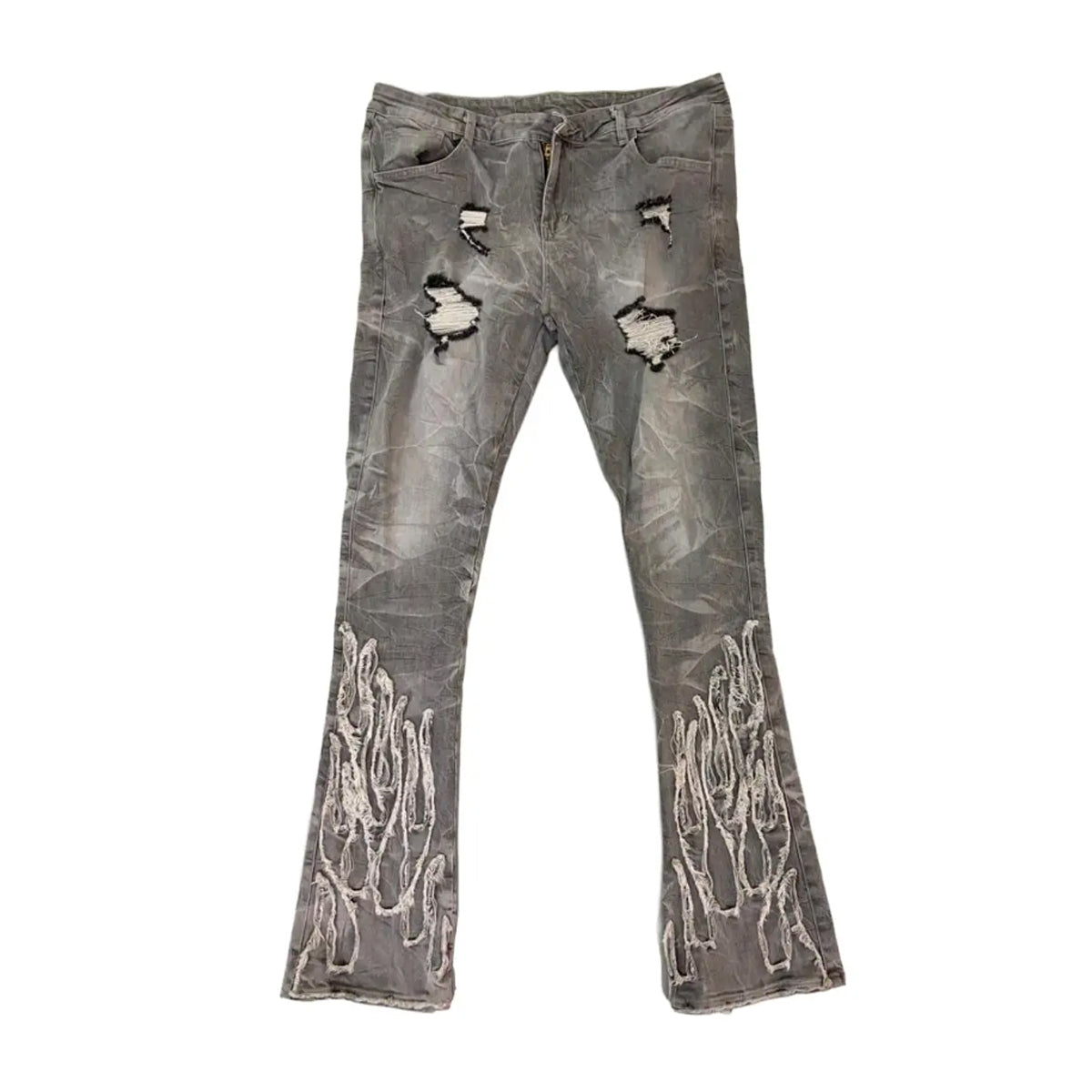 Premium Milano Mens Applique Flame Stacked Flare Jeans PM006F25-118 Gray Wash