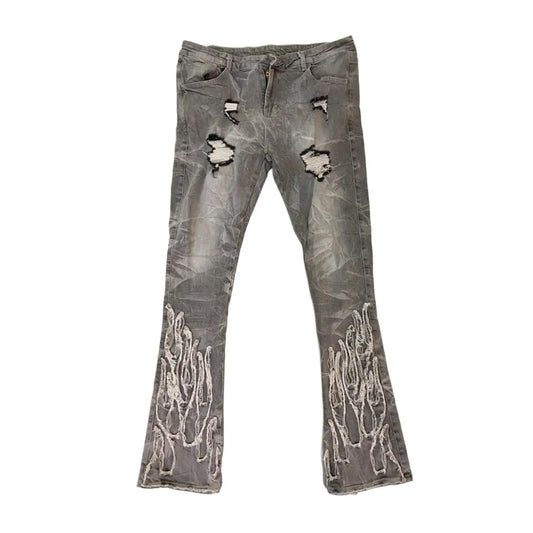 Premium Milano Mens Applique Flame Stacked Flare Jeans PM006F25-118 Gray Wash