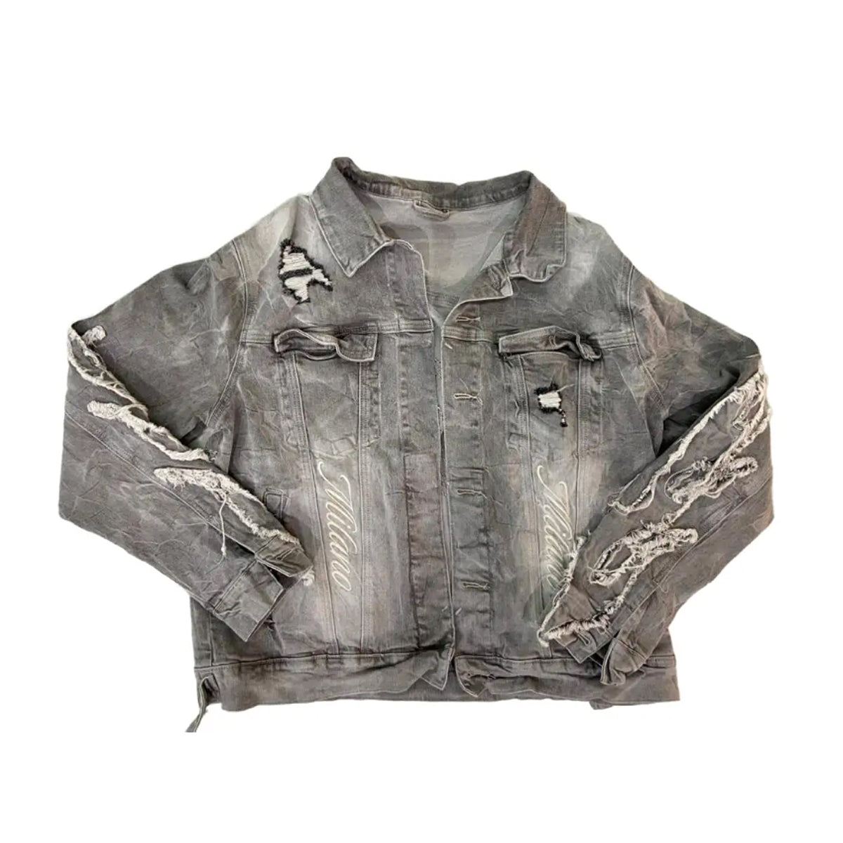 Premium Milano Mens Applique Flame Denim Jacket PM007F25-118JKT Gray Wash