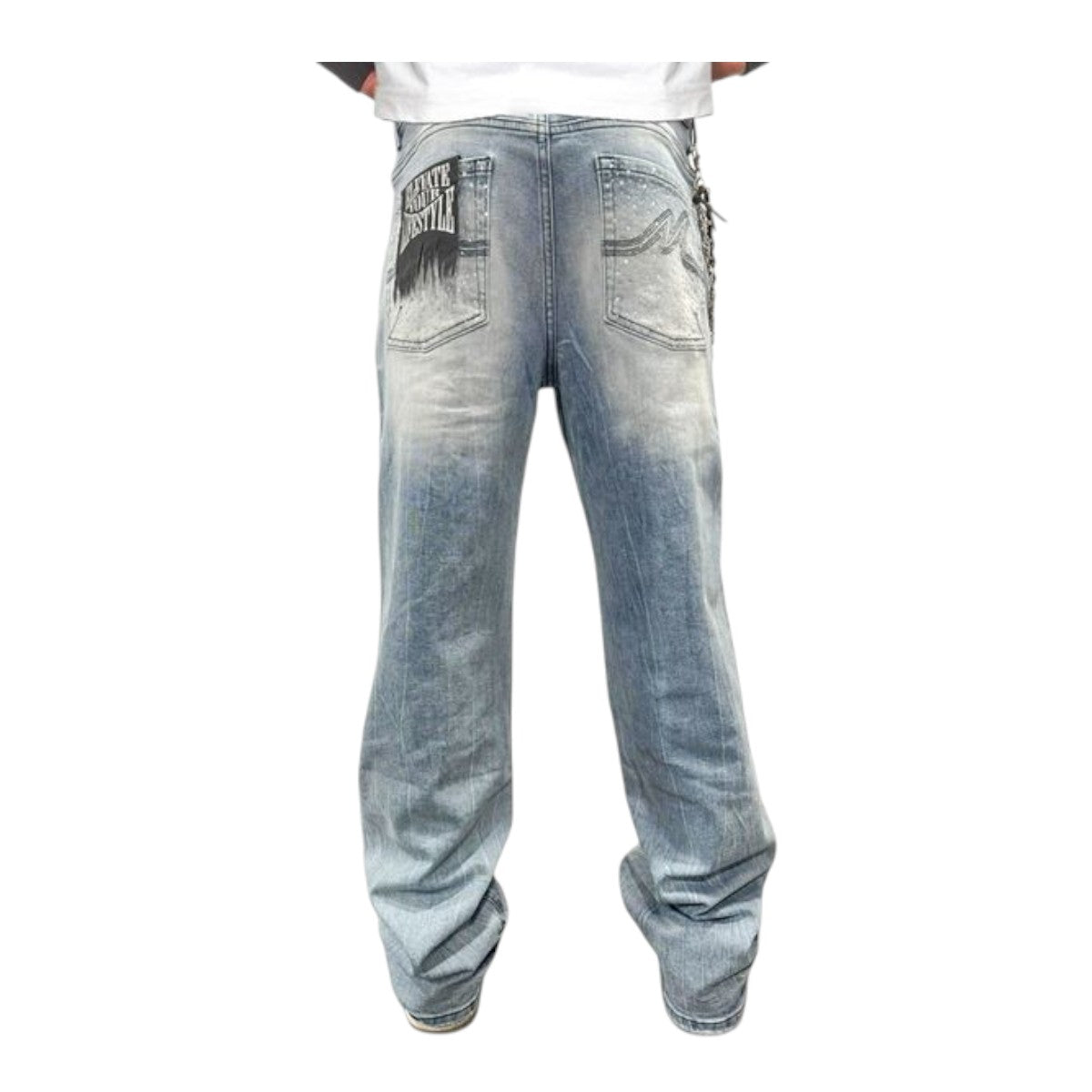Premium Milano Mens Loose Fit Star Spangled Banner Stacked Jeans PMJ32F25-116 Blue Washed