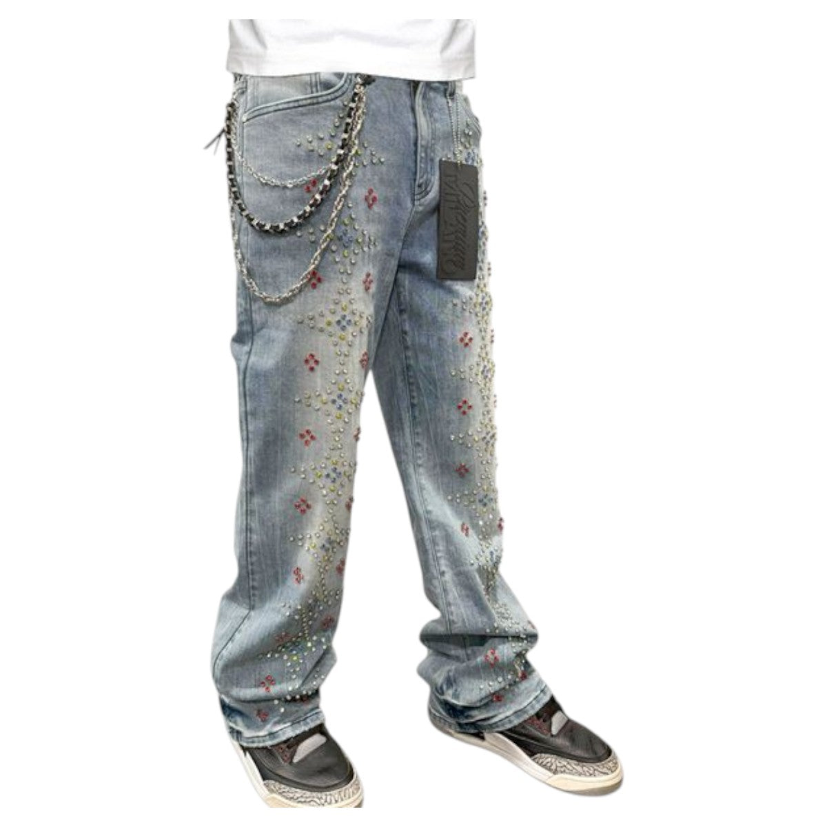 Premium Milano Mens Loose Fit Star Spangled Banner Stacked Jeans PMJ32F25-116 Blue Washed
