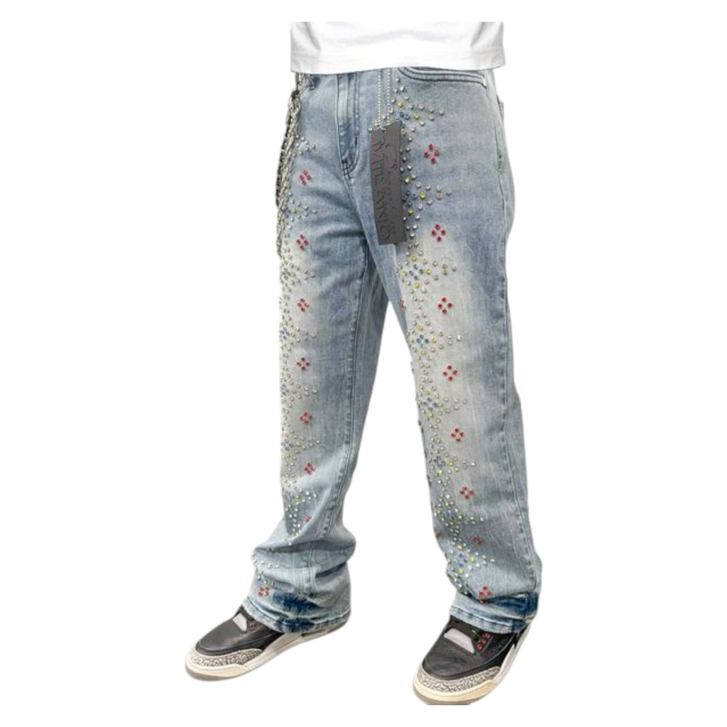 Premium Milano Mens Loose Fit Star Spangled Banner Stacked Jeans PMJ32F25-116 Blue Washed