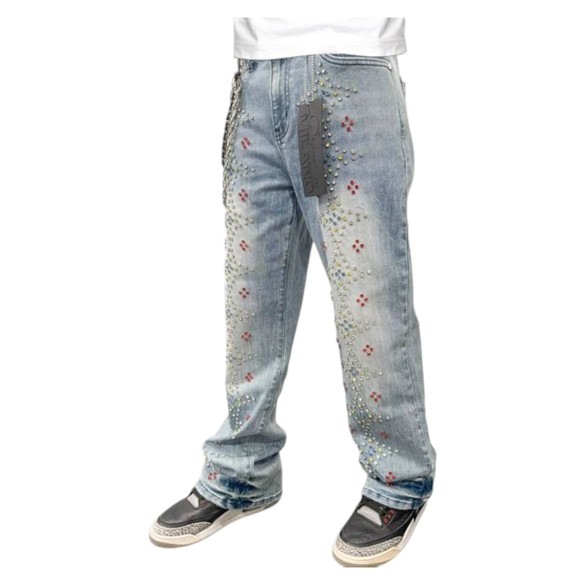 Premium Milano Mens Loose Fit Star Spangled Banner Stacked Jeans PMJ32F25-116 Blue Washed